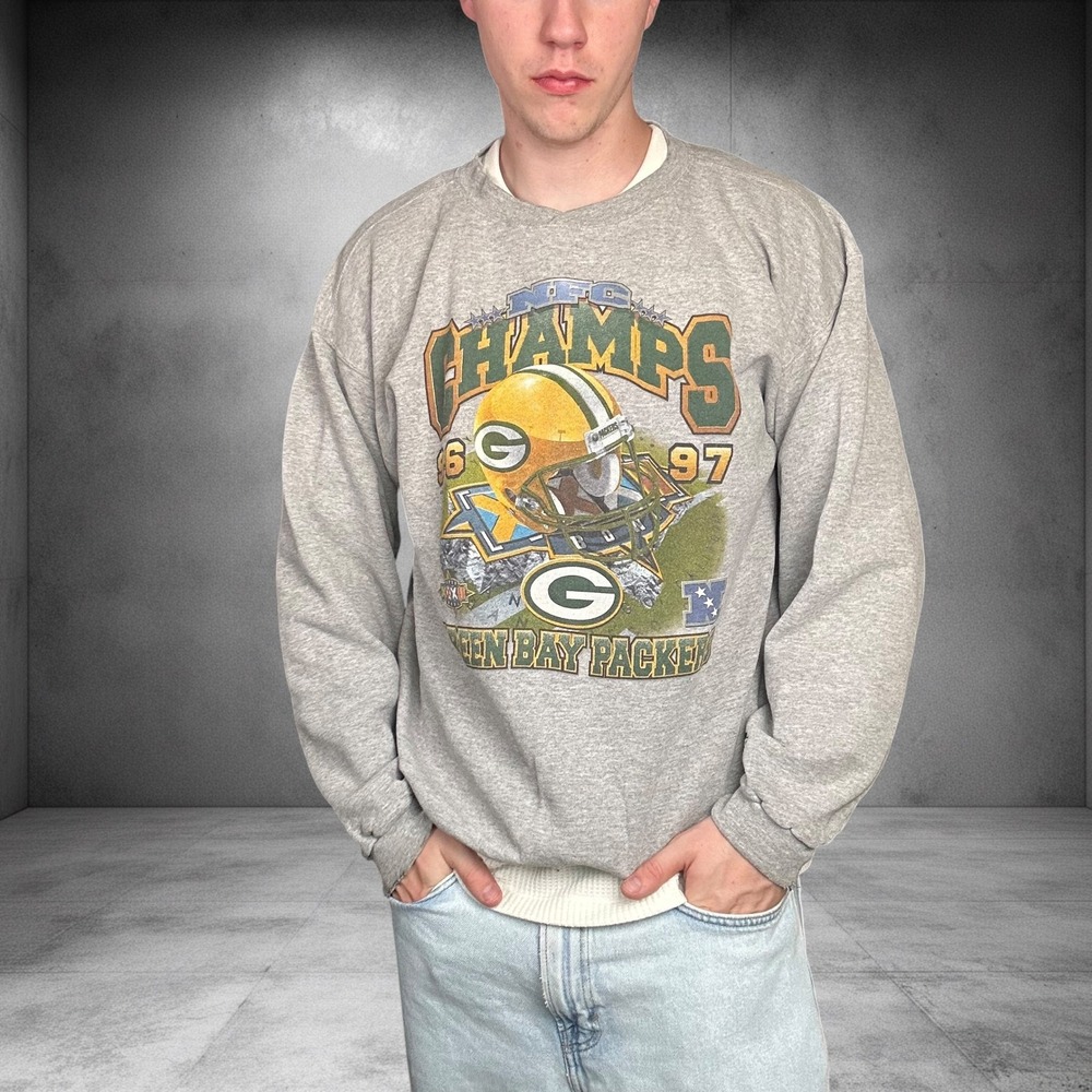 Vintage 90s Starter Green Bay Packers NFC Champs Sweatshirt Grey Large USA Made